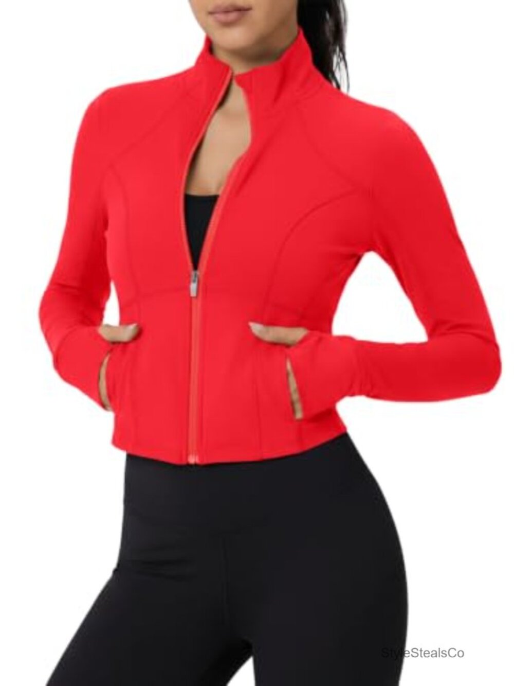 Women's Cropped Workout Jacket UPF 50+ Full Zip Slim Fit Thumb Holes